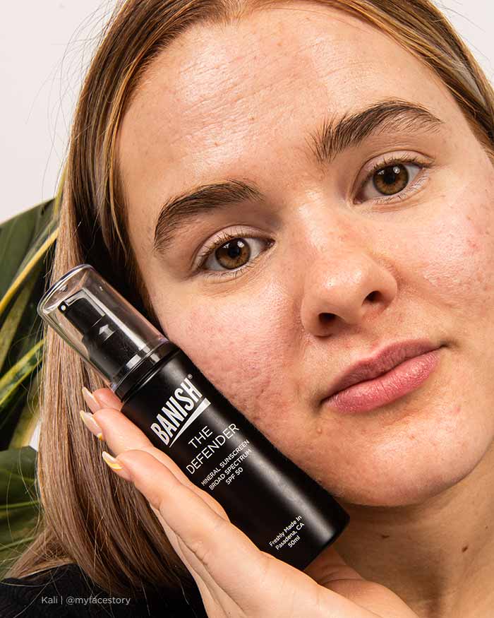 the defender banish sunscreen held by kali myfacestory