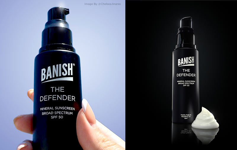 the defender sunscreen banish on black and blue background